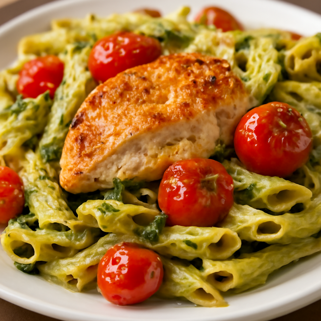 Penne Pesto Chicken Chicken breast with cherry tomatoes in a creamy basil pesto sauce
